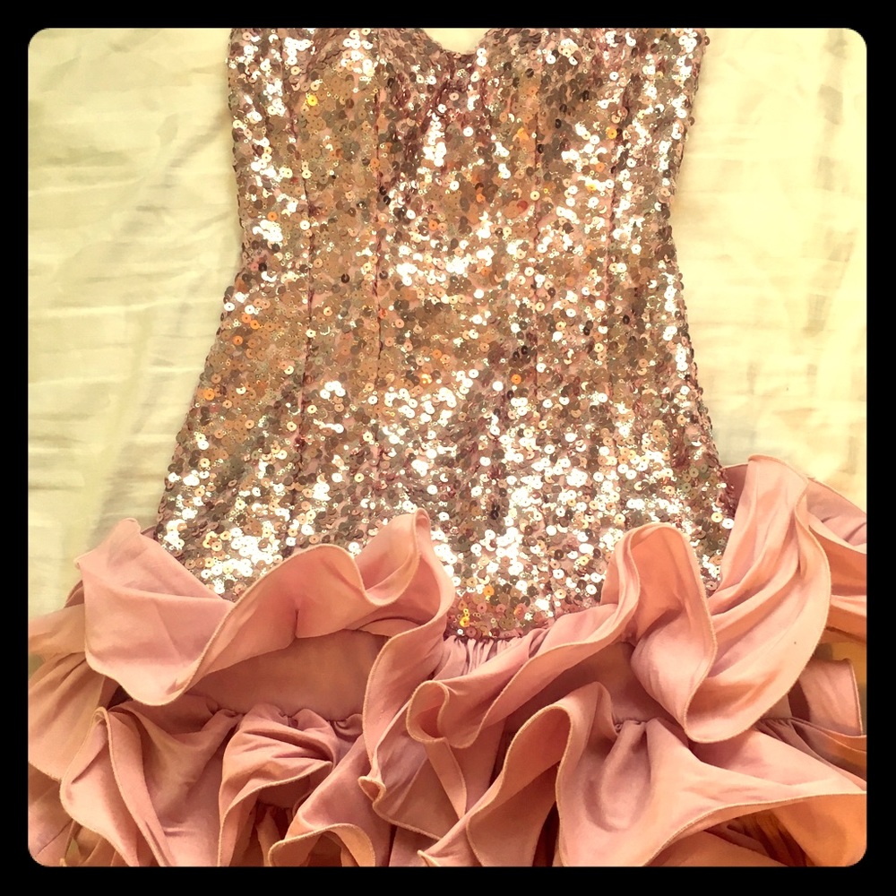 Betsy and ADAM strapless short pink prom dress